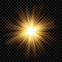 Transparent light effect. Gold sunlight, sun, laser beams, sunrays with flares and particles. Transparent abstract element for web, birthday, New Year and festival designs. Isolated object. vector