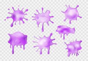 Liquid neon violet slime blots. Set of realistic slimy stains with drops. Different shapes of sticky dripping mucus. Isolated abstract textures with glitter. Toxic splashes, jelly, gelatin. vector