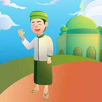 A young man in a green and white outfit is smiling and waving at the camera vector