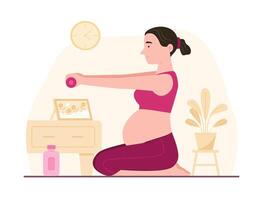 Pregnant Woman Sitting on Mat and Doing Exercise with Dumbbell at Home for Prenatal Health vector