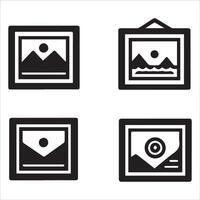 A minimalistic black and white design featuring four square frames, each containing a landscape scene. vector