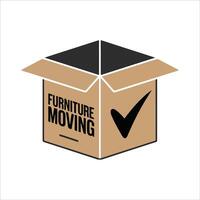 An open cardboard box with FURNITURE MOVING printed on it, accompanied by a checkmark icon, symbolizing a completed task. vector