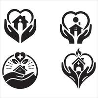 A hand holding a house icon, designed in a sleek, minimal silhouette style on a white background. vector