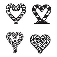 A refined, black and white illustration of two candy canes crossing to form a heart shape. vector