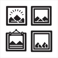 A black and white design with four square frames, each containing a minimalist landscape scene. vector