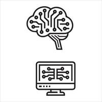 A line art brain with circuit board patterns, next to a monitor displaying similar patterns. vector