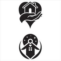 Stylized logos featuring hands holding a house-shaped icon, designed as silhouettes on a white background. vector