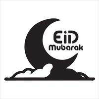 A black-and-white design with a stylized crescent moon, soft clouds, and the text Eid Mubarak in elegant typography. vector
