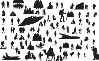A large collection of silhouettes of people and vehicles vector