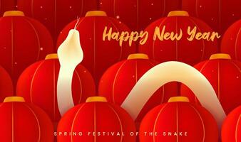 Spring Festival background design golden snake between red lanterns vector