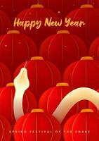 Spring Festival poster design golden snake between red lanterns vector