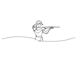 a person in a shooting stance aiming a rifle. he person is wearing a cap and appears to be , with the rifle held up to the shoulder and aimed forward. vector