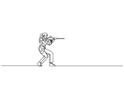 a person in a crouched shooting stance, aiming a rifle forward. The minimalist art highlights the precision and readiness of the shooter, capturing the dynamic posture of shooting sports or training vector