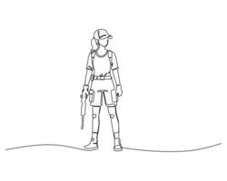 Minimalistic line drawing of a person standing and holding a rifle, dressed in tactical gear including a cap, shorts, and knee pads, representing precision, focus, and tactical readiness vector