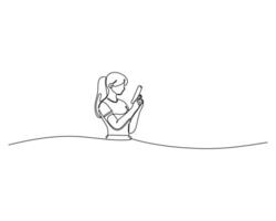 Simple line drawing of a person holding and looking at a smartphone. The minimalist design captures the casual stance and focus on the device, emphasizing modern technology and connectivity vector