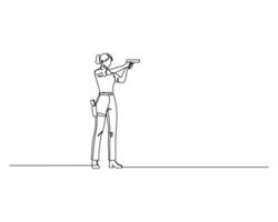 Continuous line drawing of a policewoman aiming a gun. Single line art of female police officer with firearm. Minimalist illustration for law enforcement, security, or crime concepts. vector