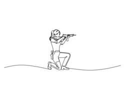 Continuous line drawing of a person kneeling and aiming a rifle, showcasing precision and focus in shooting sports or military training vector