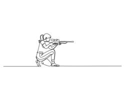a person in a kneeling position, aiming a rifle. The minimalist design highlights the focus and precision of shooting, capturing the essence of the activity with continuous lines design style. vector