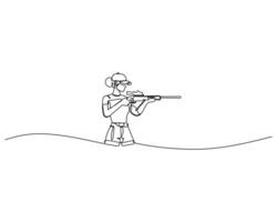 Simple line drawing of a person aiming a rifle while standing on uneven terrain. The minimalist design captures the focus and precision required in shooting activities, emphasizing modern connectivity vector