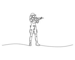 Minimalistic line drawing of a person in tactical gear, standing and aiming a rifle, representing precision, focus, and outdoor activity. Ideal for military, sports, and training concepts vector