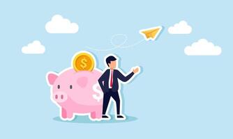 A businessman standing next to a piggy bank observing flying paper planes, illustration of monitoring and analyzing business trends to improve financial performance vector