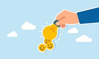 Hand holding a glowing lamp emitting happy emoticons, illustration of ideas and innovation to capture and increase market attention vector