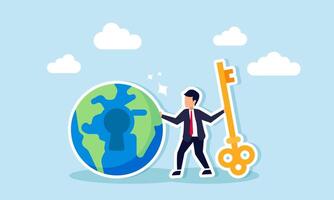 A businessman holding a key standing next to a globe with a keyhole, illustration of a solution to become an international scale company vector