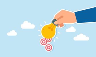 Hand holding a glowing lamp emitting a target board, illustration of ideas and innovation in achieving business targets vector