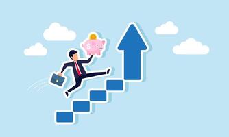 Businessman carrying a piggy bank running up ascending stairs, illustration of progress in increasing the amount of investment assets vector