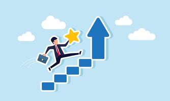 Businessman carrying a star running up ascending stairs, illustration of progress in improving business quality and performance vector