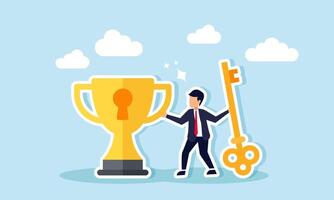 A businessman holding a key standing next to a trophy with a keyhole, illustration of solutions and strategies to become a leading company vector