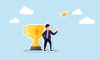 A businessman standing next to a trophy observing flying paper planes, illustration of monitoring and analyzing business trends to become a leading company vector