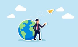 A businessman standing next to a globe observing flying paper planes, illustration of monitoring and analyzing business trends to make a business global vector