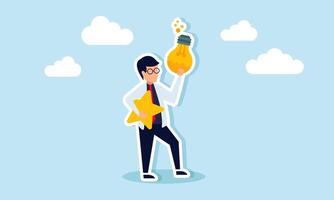 A Businessman like professor holding a star and a compound liquid inside a lamp, illustration of formulas in business ideas and innovations to improve product quality and performance vector
