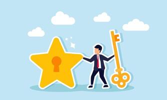 A businessman holding a key standing next to a star with a keyhole, illustration of a solution to improve business quality vector