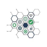 A hexagon with icons and a green and white background vector