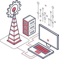 A laptop computer and a tower with a clock vector