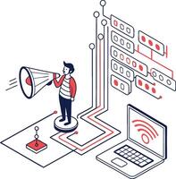 A man is standing next to a laptop and a megaphone vector