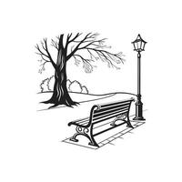 A black and white drawing of a bench and lamp post vector