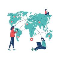 People are using laptops and tablets to connect with each other vector