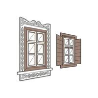 Two windows with ornate designs and shutters vector