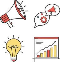 A set of icons that include a megaphone, a light bulb and a computer vector