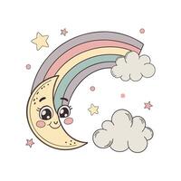 Cute cartoon moon with rainbow and clouds vector