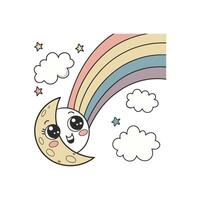 A cartoon moon with a rainbow and clouds vector