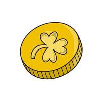 A simple cartoon illustration of a gold coin with a three-leaf clover on it. The coin has a shiny appearance. This image is commonly associated with luck, Ireland, St. Patrick's Day, and treasure. vector