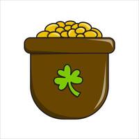 This is an illustration of a brown pot filled with gold coins, adorned with a green clover leaf. It symbolizes good fortune, wealth, and Irish culture, often linked to St. Patrick's Day. vector