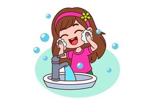 A girl is washing her face with water. vector