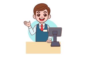 The cashier is standing at the checkout counter. vector