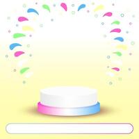Celebration banner design with pastel colored confetti and podium for displaying products vector