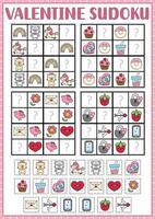 kawaii Saint Valentine sudoku puzzle for kids with pictures. Simple love holiday quiz with cut and glue elements. Education activity with heart, unicorn, flower, sweet box. Find missing objects vector